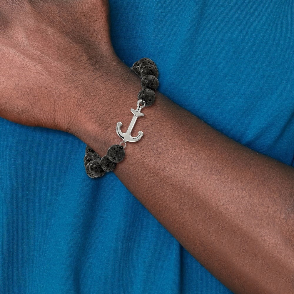 Diamond2Deal Stainless Steel Polished Anchor 10mm Black Lava Stone Stretch Bracelet for Men 7"