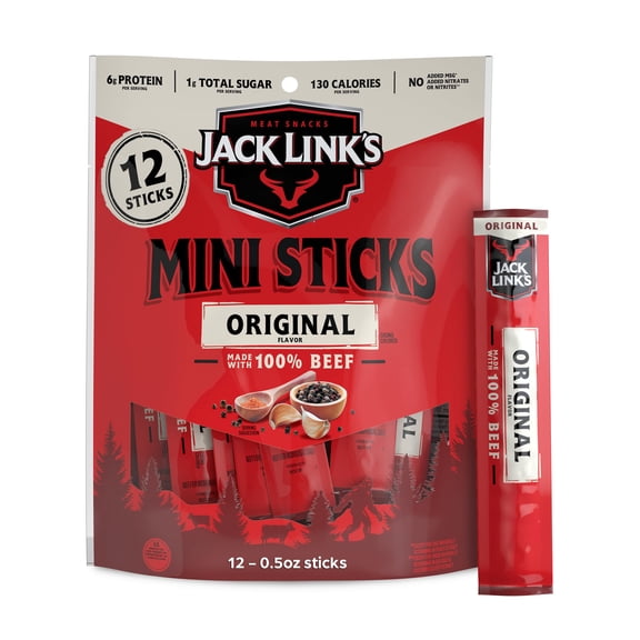 Jack Link's Mini 100% Beef Sticks, Original KMC2Flavor - Snacks, 65 Calories per Stick, On the Go Snacking, Keto & Paleo Snack, Carnivore Diet Ready, Individually Wrapped, 0.5 Oz. (12 Count)
