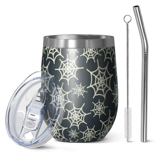 Halloween Pattern 12oz Stainless Steel Insulated Wine Tumbler with Lid and Straw – Double Wall Vacuum Mug for Hot & Cold Drinks, 304 Steel Interior, Sweat-Free Design. Trick or Treat !