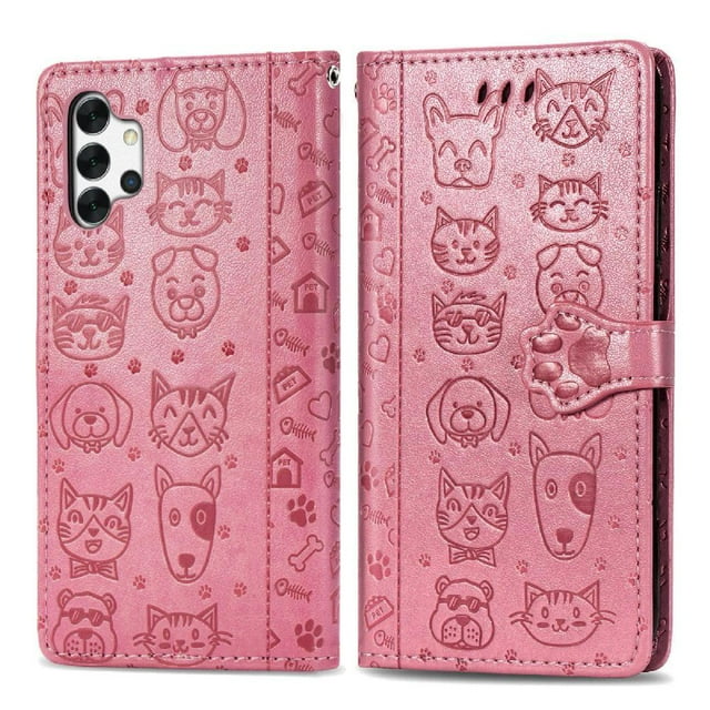 Funda Cartera FOXDOCK para Samsung Galaxy A32 5G , Flip PU con Relieve de Gatos y Perros, Tarjetero y Soporte