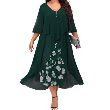 Robe Longue Manches Mi-Longues en Chiffon Col en V Taille Ample Ourlet Large Imprimé Floral Élégant Robe Maxi pour Femmes pour Automne