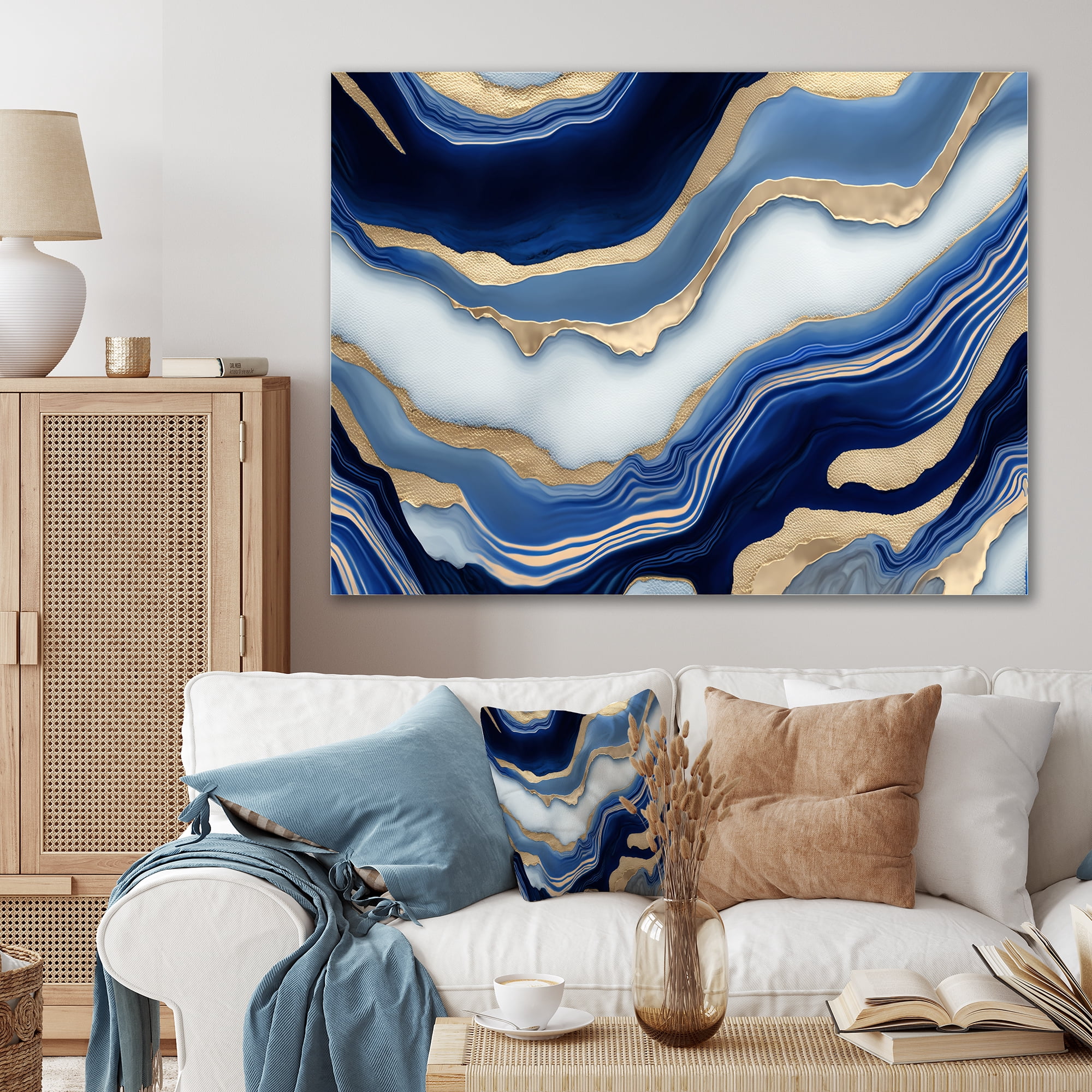 Designart Vibrant Blue And Gold Flow Art III Canvas Wall Art