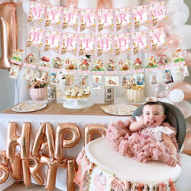 Fairy First Birthday Decorations Set - Butterfly Floral Backdrop & Balloons For Girls 1st Birthday Party