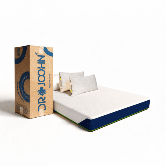 Colchón en Caja + Almohadas Nube Estándar DR JOOHN Queen Size Zen Confort 20cm, Memory Foam Semi Firme para Todas las Edades.