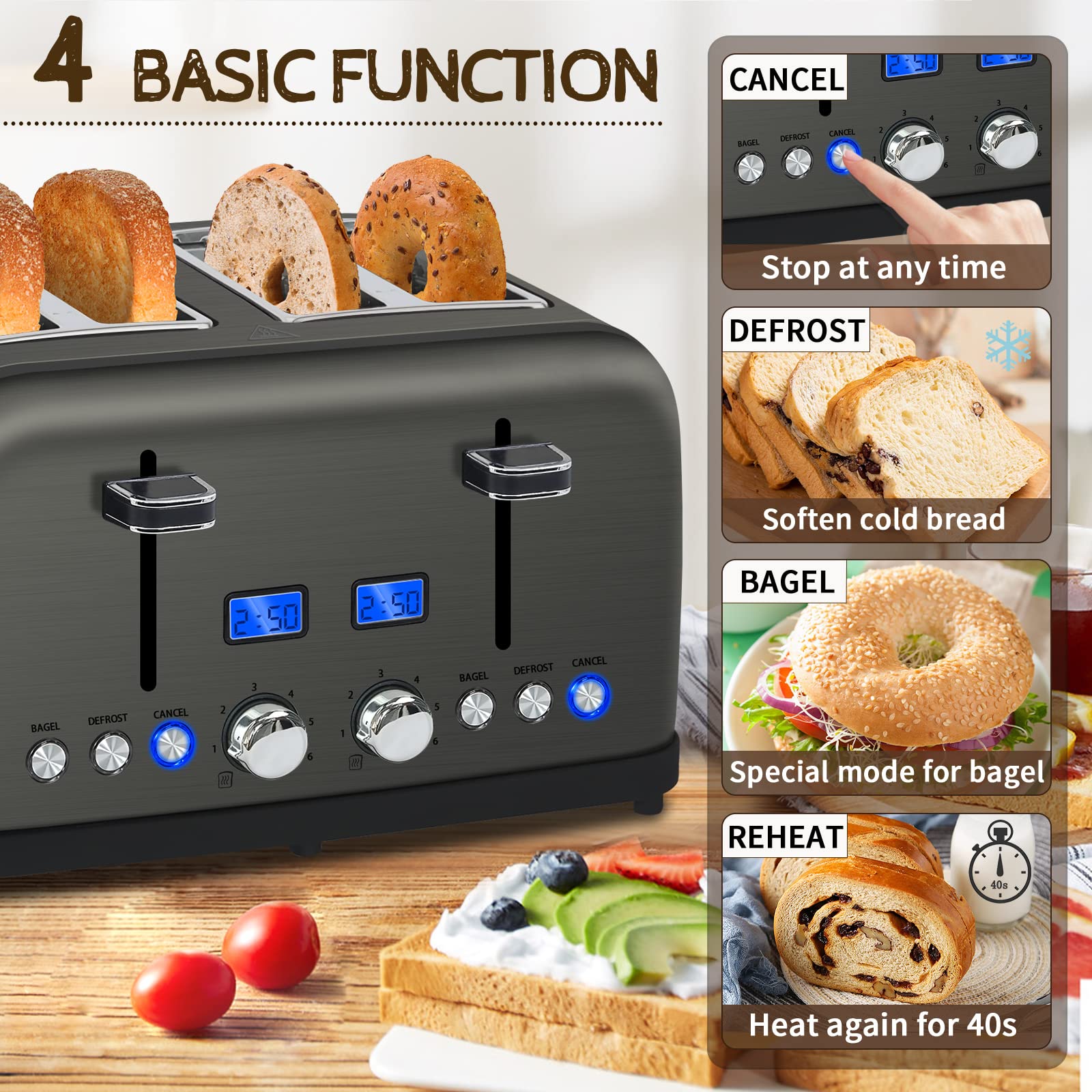 SEEDEEM Toaster 4 Slice, LCD Display, 6 Shade Settings Stainless Toaster,Dual Control, Removable Crumb Tray, 1500W, Dark Metallic