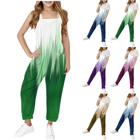 Jinhomg Girls Adjustable Strap Overalls Cute Gradient Casual Jumpsuits Baggy Comfy Sleeveless One Piece Bib Pants with Pockets Spring Saving Blue 9 Years