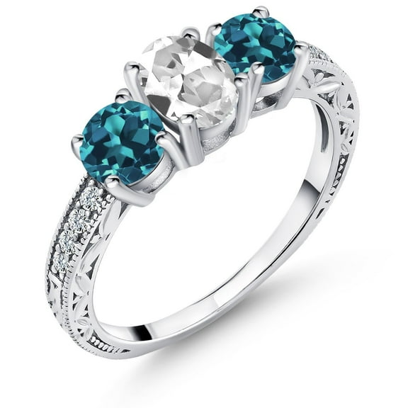 Gem Stone King 2.52 Ct Oval White Created Sapphire London Blue Topaz 925 Sterling Silver Ring (Size 5)