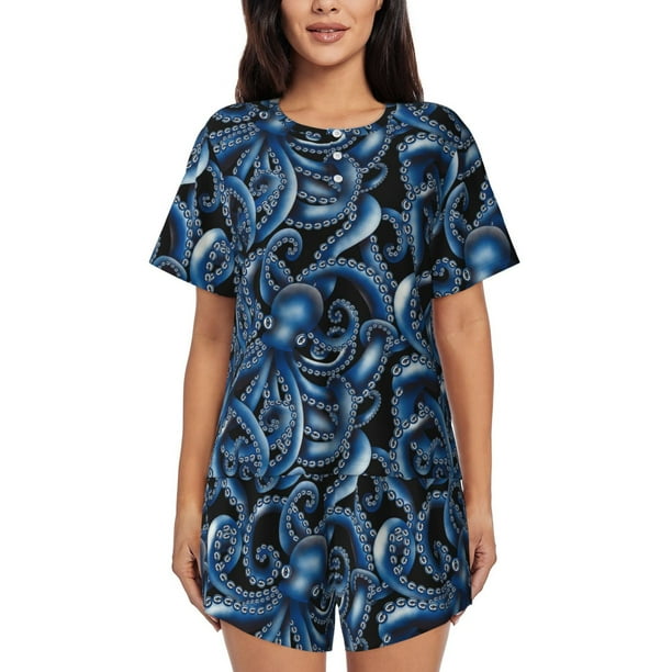 Balery Octopus Conjunto de Pijama para Mujer con Estampado, Dos Piezas de Manga Corta y Shorts, Ropa de Dormir Suave con Cuello Redondo y Bolsillos-Small