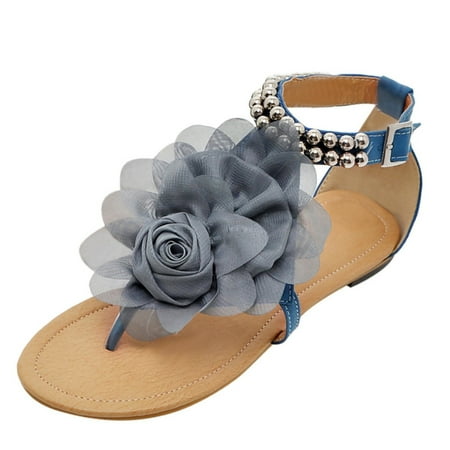 CHOII Clearance Sandals One Button Light Flat Shoes Casual Rubber Sole Sandals Women s Sandals Open Toe Flip Flops for Women with A Beautiful Flowers Ankle Strap Sandals Blue/7.5