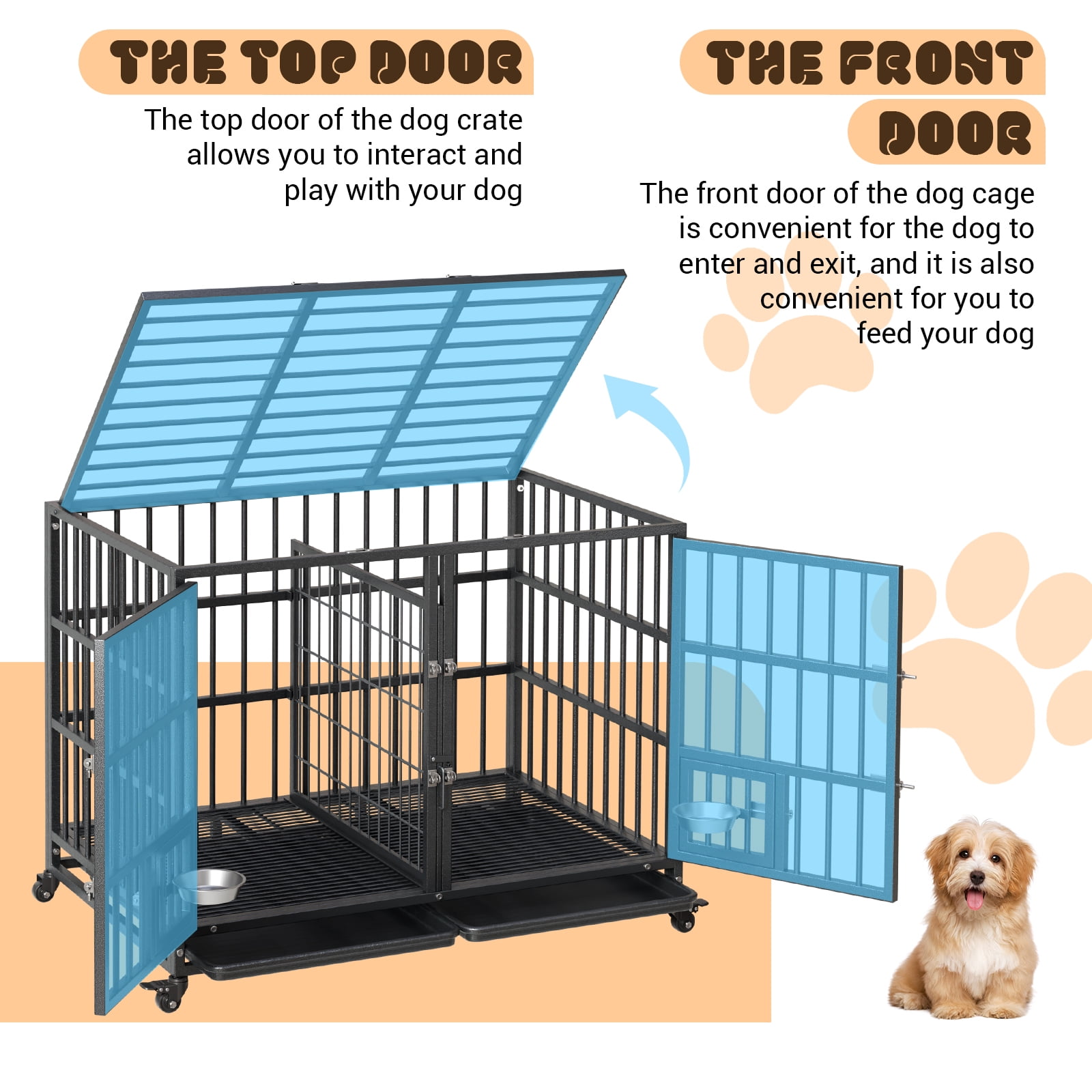 Heavy Duty Dog Crate with Wheels - 42" Steel Cage for Medium & Large Dogs