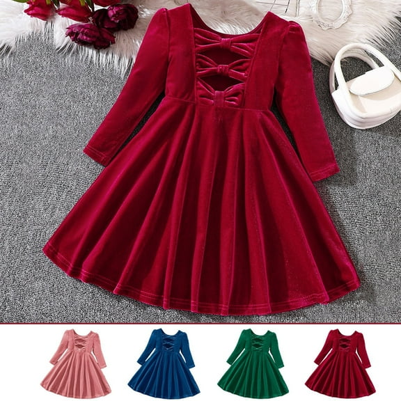 Lovskoo Toddler Girls Velvet Christmas Clothes Flare Big Bowknot Cut Out Dress Princess Dress 3-8 Years Old Pink