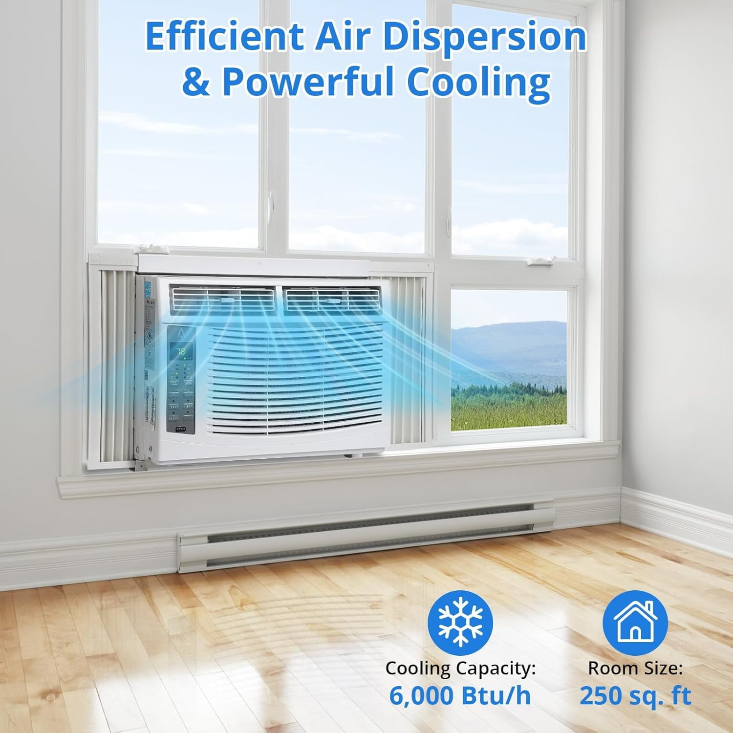 6000 BTU Window Air Conditioner, Quiet Cooling for Rooms Up to 350 Sq. Ft., 3 Fan Speeds, Sleep Mode, 24H Timer, Auto Restart, Energy-Saving Window AC Unit with Remote Control, Easy Installation