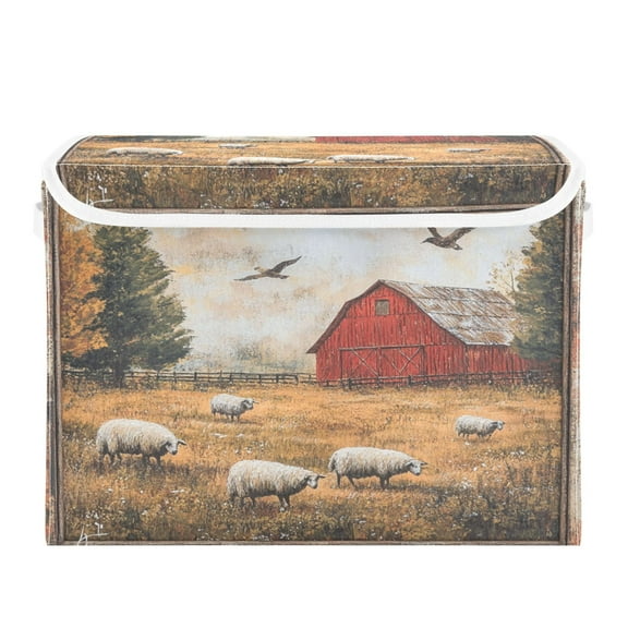 WOBOGO Sheep Pasture Large Collapsible Storage Box Flip Lid Fabric Decorative Organizer Container Basket with Handles 16.5×12.6×11.8in