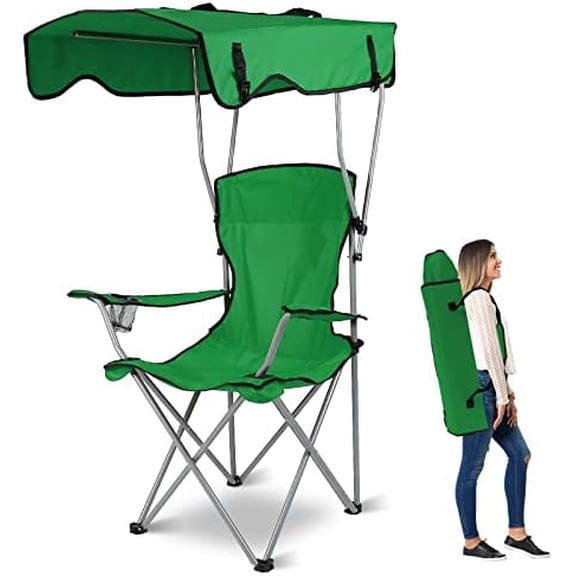 Foldable Camping Chair with Canopy - Sun Protection Beach Chair with Shade Canopy, 330LBS Load, Folding Seat with Cup Holder, Carrying Bag - Ideal Beach, Poolside, Travel, Picnic - Green