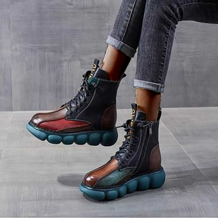 

TIANEK Winter Plus Size Leather Thick Heel Booties Retro Breathable Short Black Cowboy Boots For Women