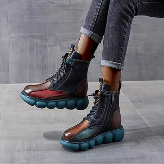 Fesfesfes Platform Boots for Young Ladies Woman Winter Plus Size Synthetic Thick Heel Booties Ladies Retro Breathable Short 7.5(40)