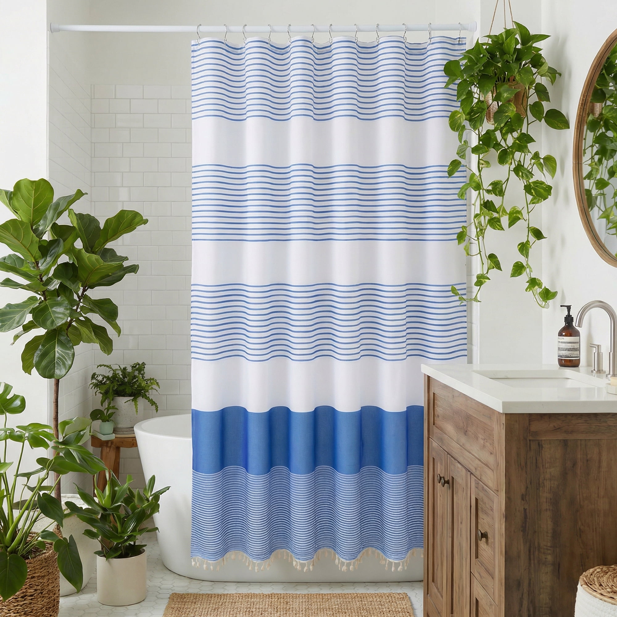 Unique Bargains Striped Waterproof Shower Curtain Sets with 12 Hooks Blue 72"W x 72"L