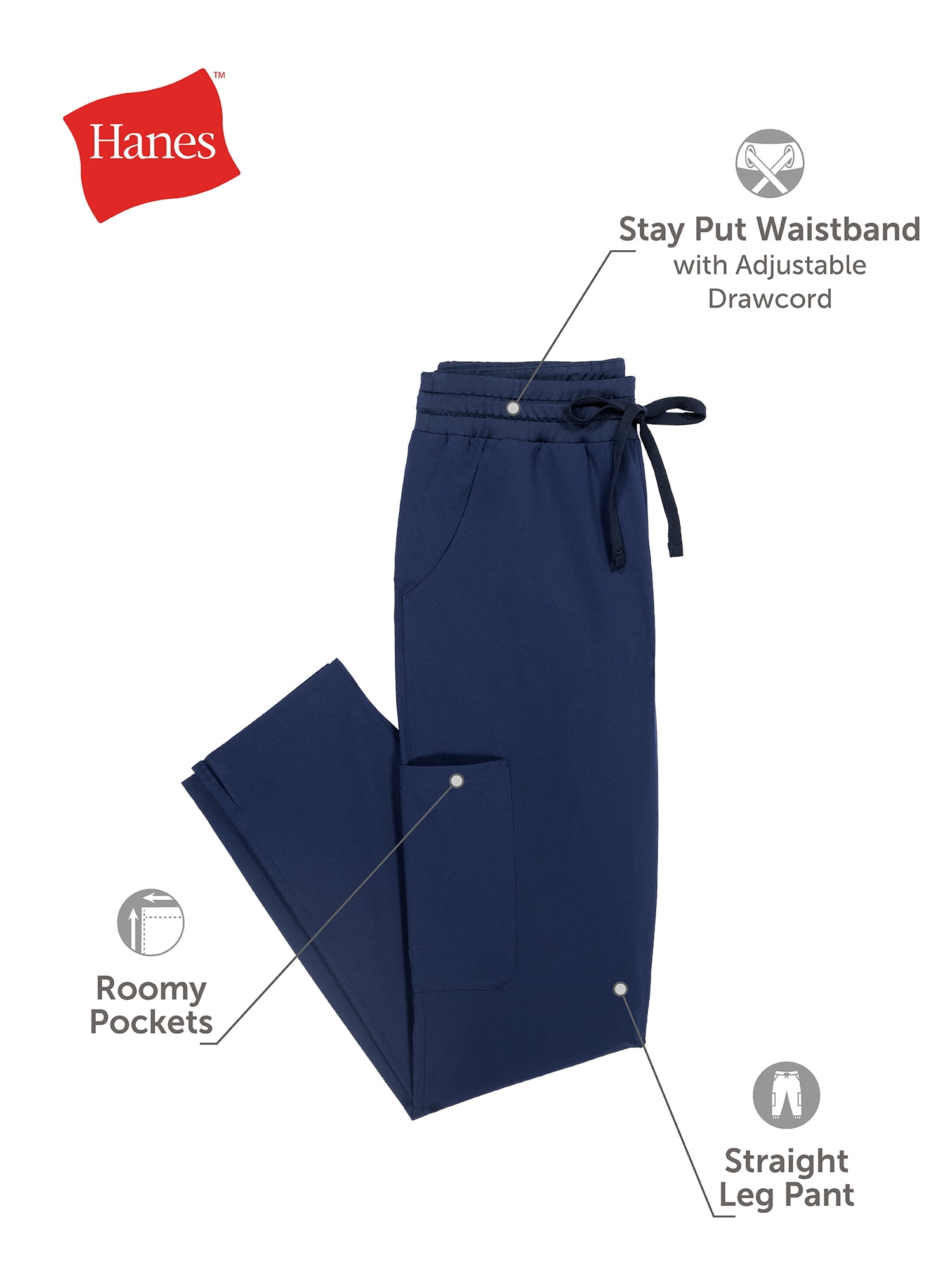 Hanes Womens Scrubs Drawstring Scrub Pants, Straight Leg, Comfort Fit, Pockets, Sizes XS-3XL