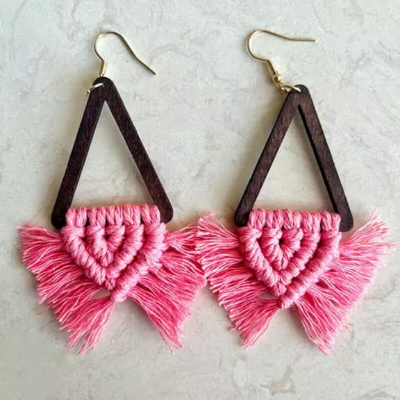 Bohemia Macrame Fringe Wood Triangle Geometric Handmade Weave Statement Earrings