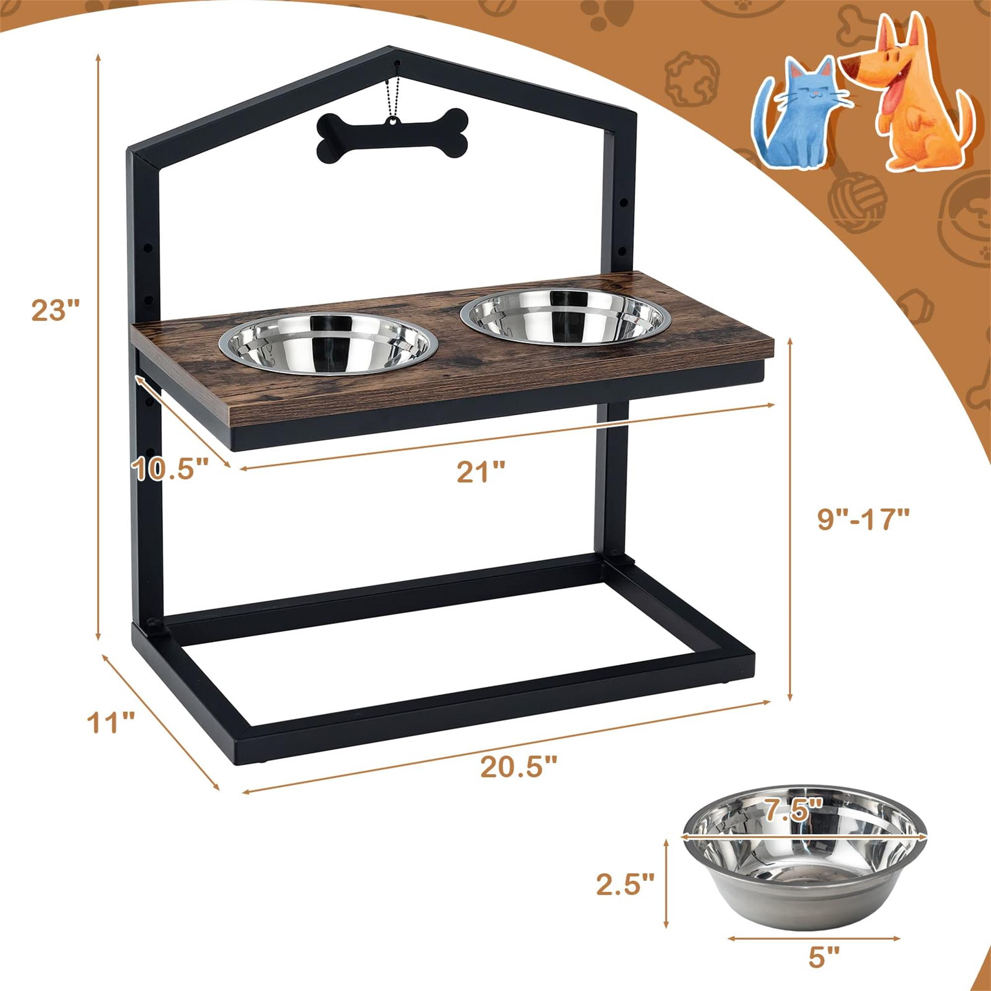 Kadyn 9"-17" Elevated Pet Feeder with 2 Stainless Steel Dog Bowl, Pet Food Bowls for Feeding Small Medium Dogs Cats Puppies, Brown