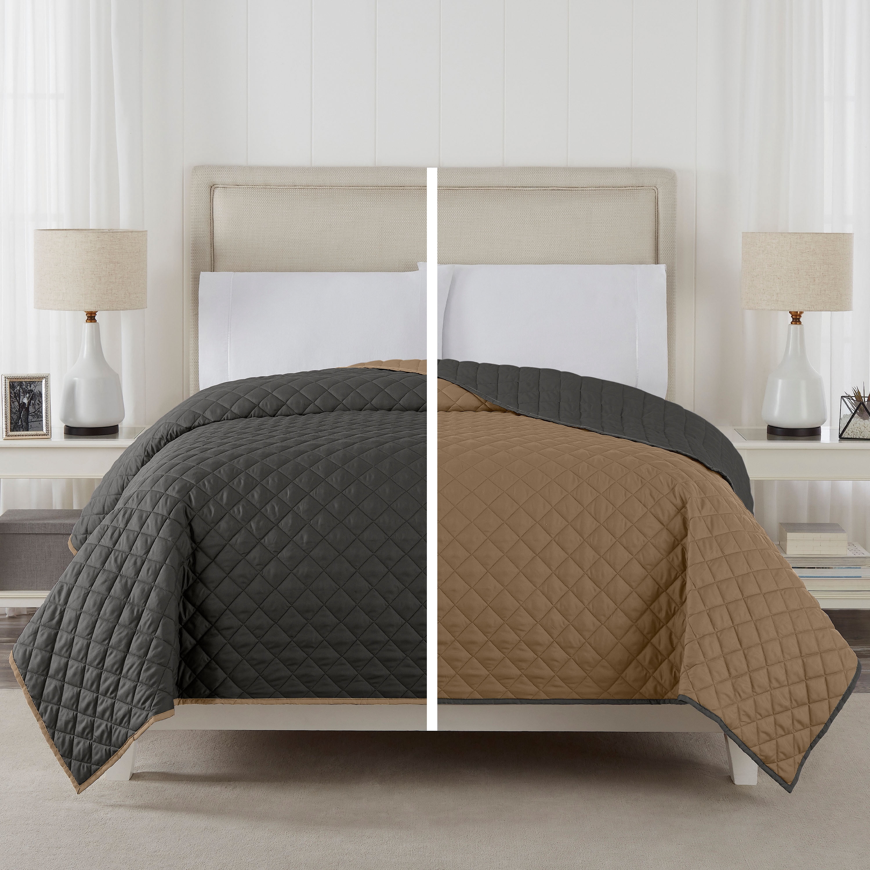 Martex Full/Queen Reversible Coverlet | Lightweight Soft Easy Care Quilt | Graphite/Khaki