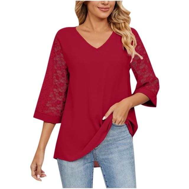 Birdeem Womens V- Neck Solid Color Three Quarter Sleeve Lace Flare Sleeve Panel Short Sleeve Tops