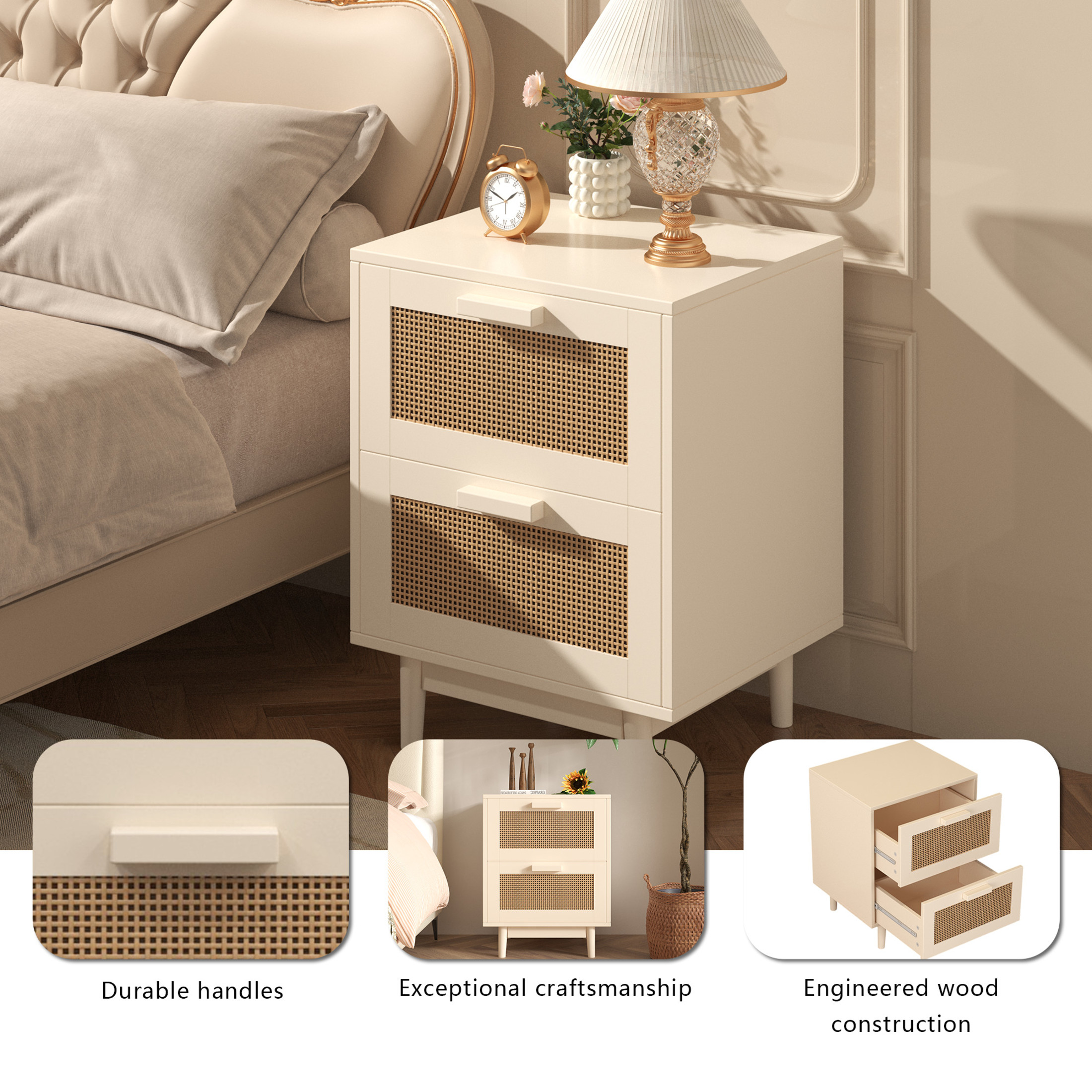 Noble House Savoy Rattan Nightstand with 2 Drawers, Wood End Table Bedside Table with Rattan Fronts, White & Natural