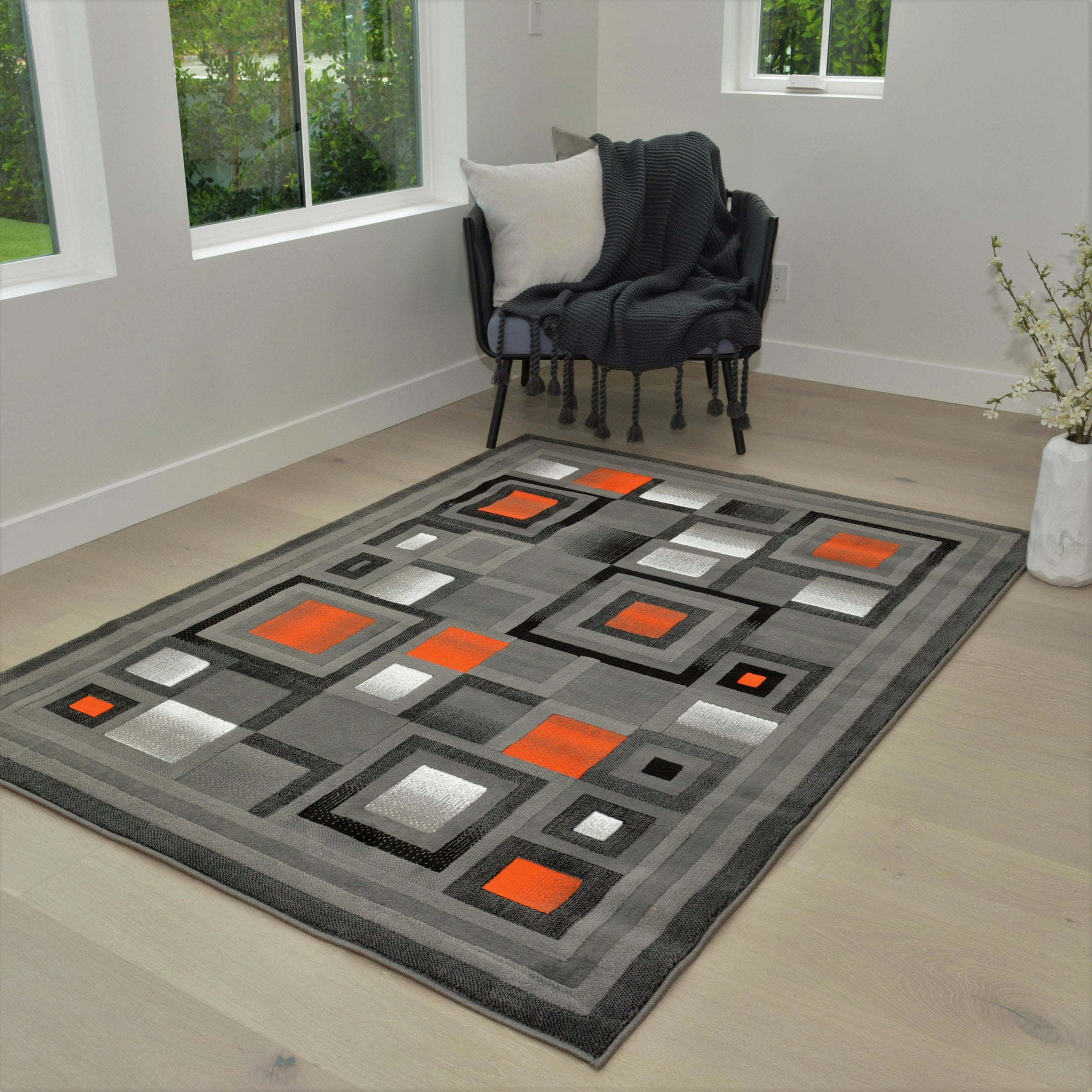 Orange Grey Outdoor Rug for Patio/Deck/Porch, Non-Slip Area Rug 5 x 8 Ft,  Middle Century Modern Geometric Abstract Art Indoor Outdoor Rugs Washable