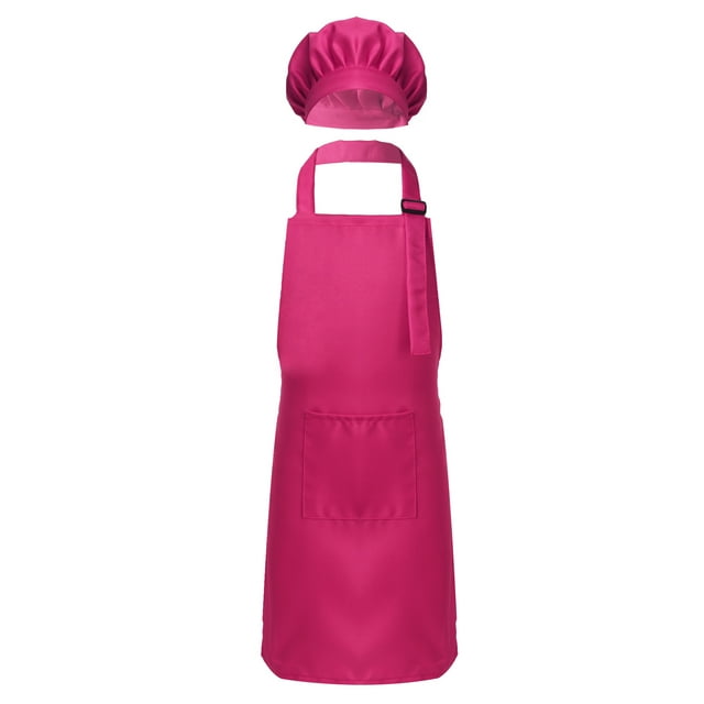 YONGHS Kids Boys Girls Chef Apron Hat Set Kitchen Bib Aprons Cooking Baking Training Painting Outfits Rose Red M