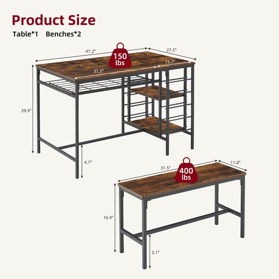 Space-Saving 3-Piece Dining Table Set for 4 – Rectangular Table with 2 Benches, Wine Rack & Storage Shelf – Modern Kitchen & Dining Room Furniture – Vintage Brown