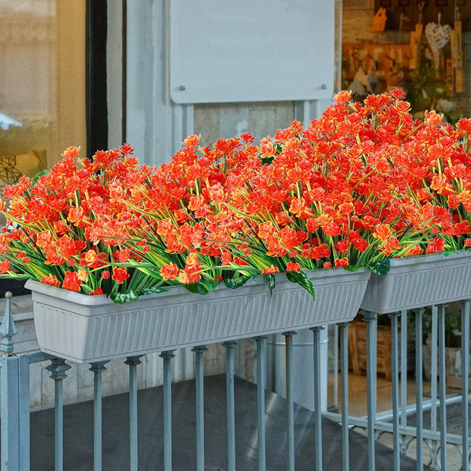 Morttic Artificial Flowers for Outdoors Plastic UV Resistant Faux Flowers Decoration Greenery Garden Shrubs，Bulk Fake Flowers in Vase (Orange 4pcs)