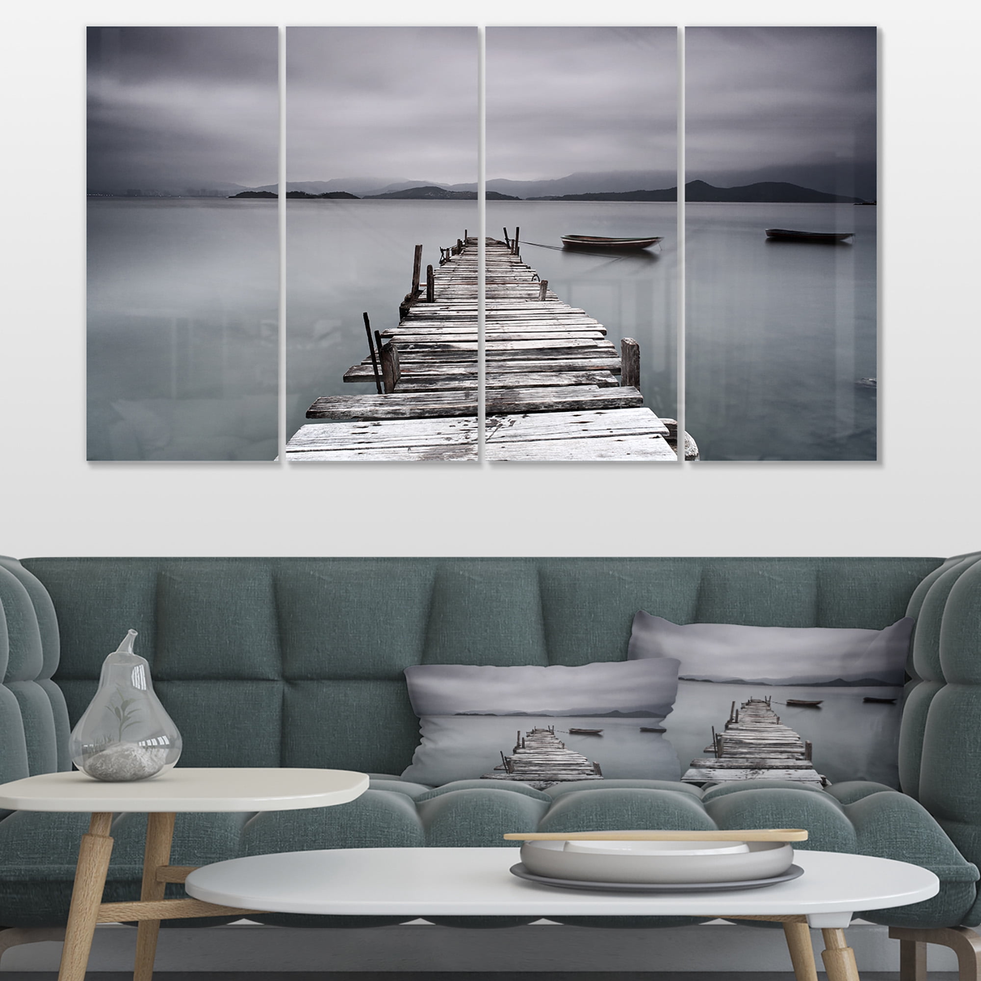Designart 'Pier and Boats at Seashore ' Bridge Canvas Art Print