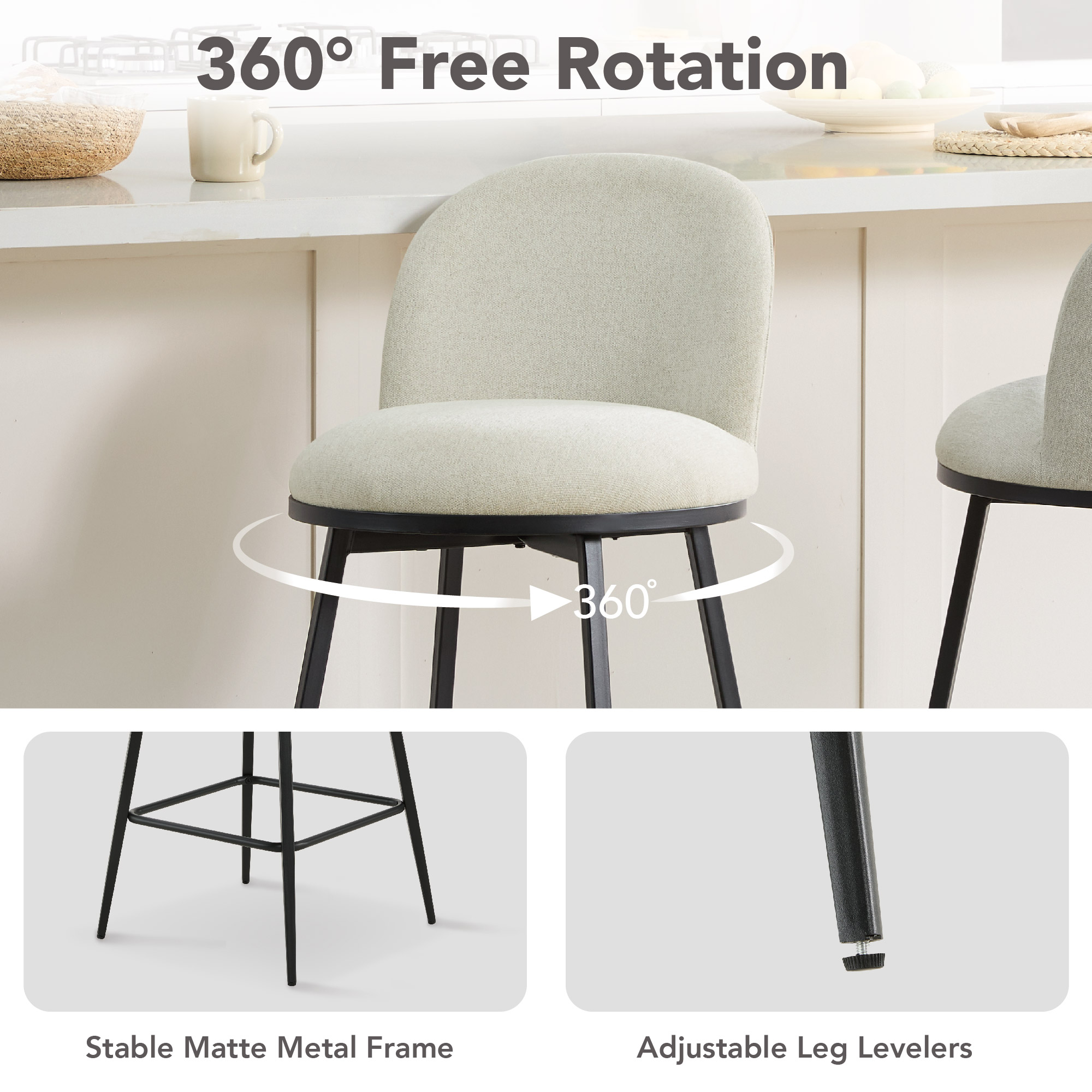 Spruce & Spring Counter Height Swivel Bar Stool with Metal Frame Set of 2, Linen