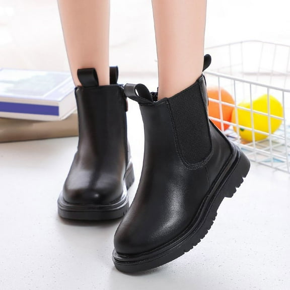 Girls Chelsea Boots Warm Winter Boot Combat Mid Calf Slip On Booties (Black 3.5-4 Years)