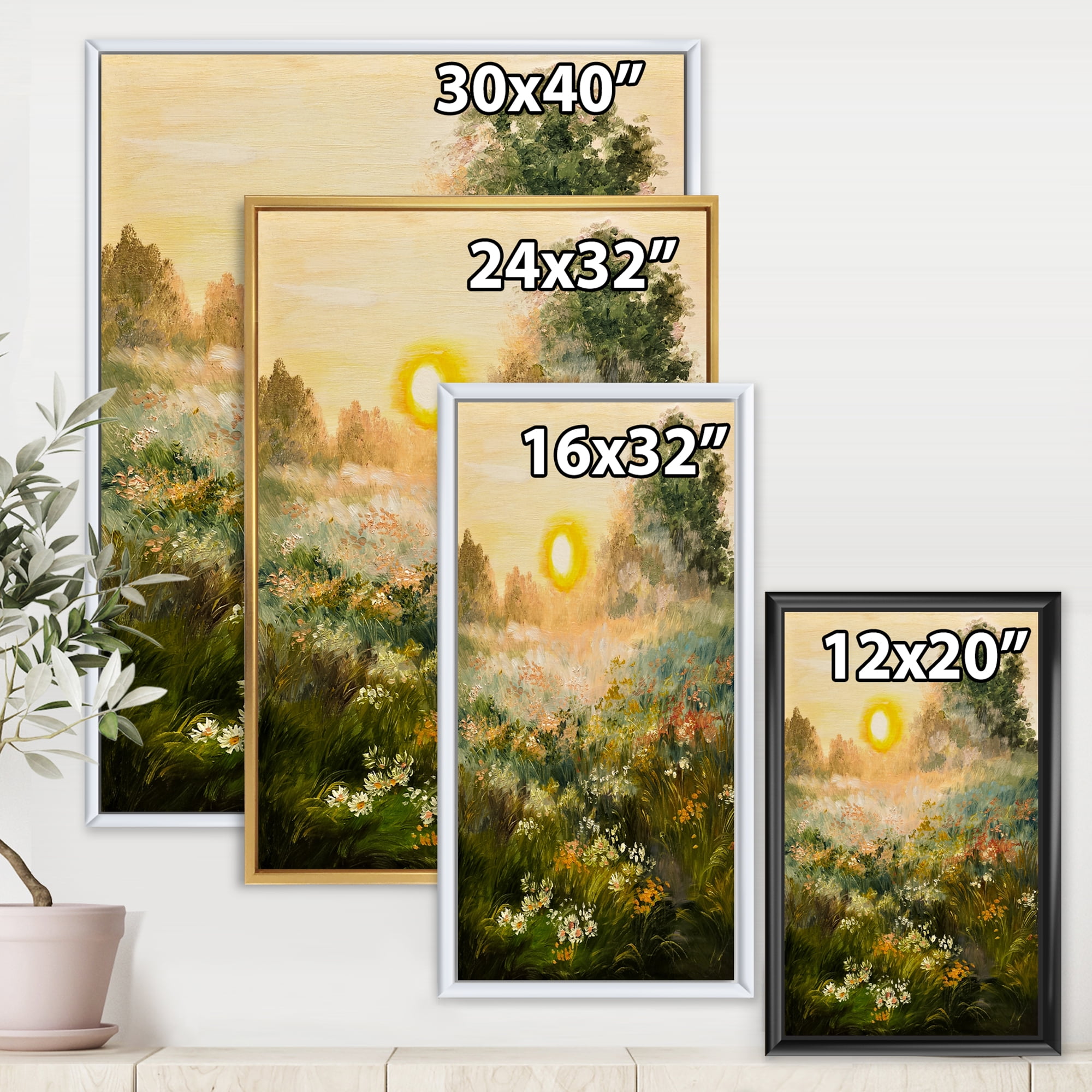 Designart 'The Blossoming Field With Sunrise' Farmhouse Framed Canvas Wall Art Print
