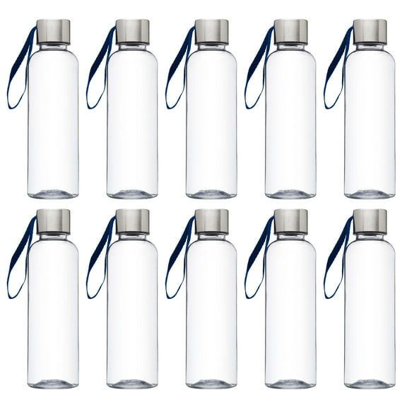 Genie Plastic Water Bottles with Strap 17 oz. Set of 10, Bulk Pack - Refillable, Great for Gym, Hiking, Cycling, School - Blue