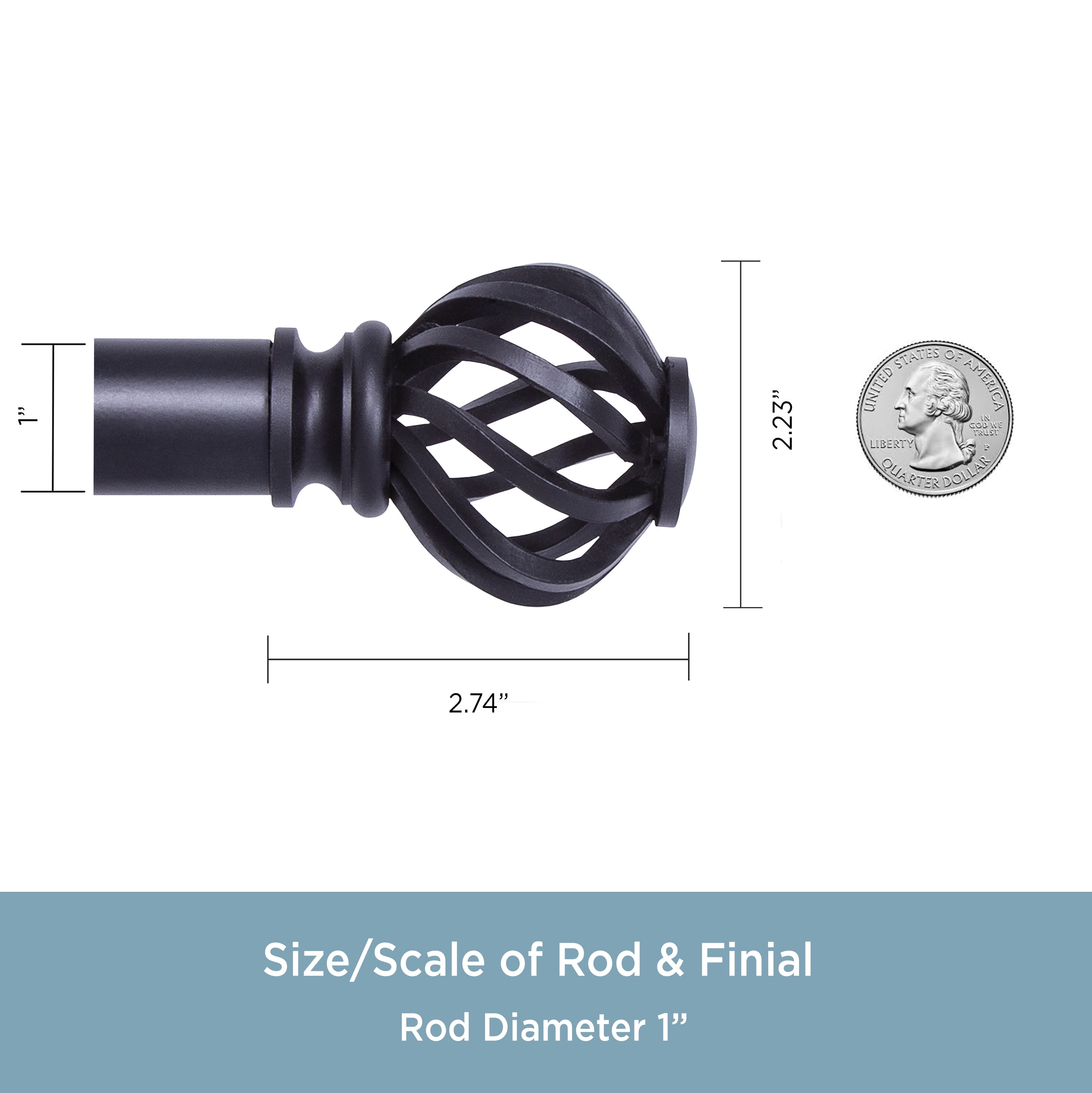 Kenney 1" Diameter Curtain Deco Rod 30" x 84", Modern Single Curtain Rod, Plastic Finial, Cage Style, Black