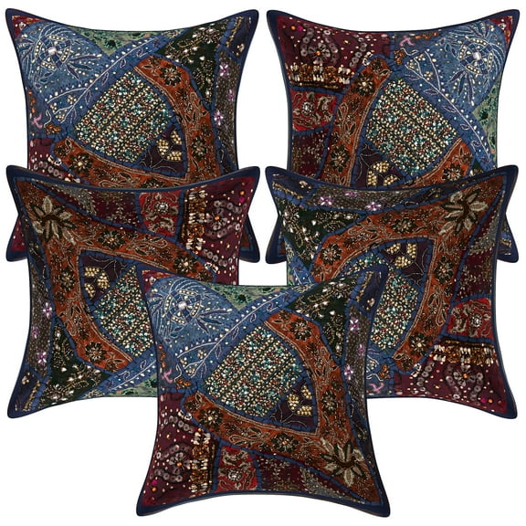 Stylo Culture Ethnic Cotton Home Decor Throw Pillow Sham Covers Dark Blue 16 x 16 Beaded Sequins Patchwork Embroidered Couch Cushion Covers 40x40 cm Decorative Square Pillow Cases | Set Of 5