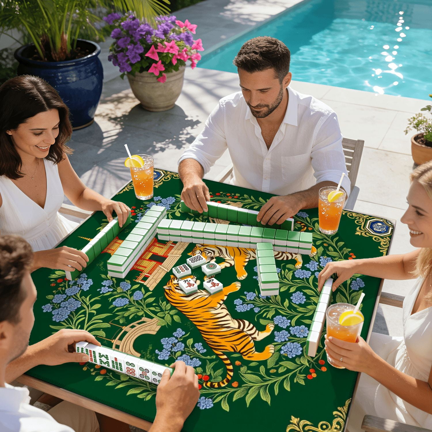 Mahjong Mat 31.5" x 31.5" Twin Tigers Chinese Pagoda Floral Details Green Non-Slip Noise Reduction American Mahjong Tiles Table Cover for Dominoes Poker Card Board Games Gift
