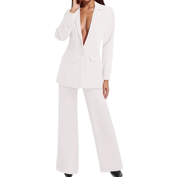 Wyzesi Girl Shorts Suit for Dresses White Women's Casual Solid Long Sleeve Suits Button Coat High Waist Long Pant Two Piece Set Workout Shorts Suit Women Long with Pockets