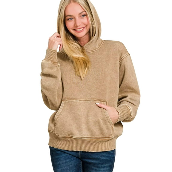 Zenana Fleece Acid Wash Kangaroo Pocket Hoodie
