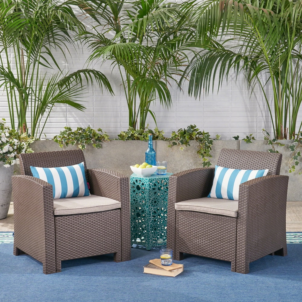 Sean Outdoor Faux Wicker Club Chairs with Cushions ,Beige,Brown