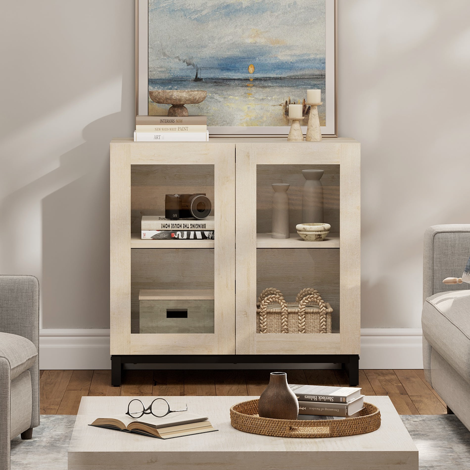 WAMPAT Modern 72" Tall Bookcase with Glass Doors and Adjustable Shelves, Library Book Shelf with Storage Cabinet and Open Book Shelfs, Wood Bookshelf for Home Office, Living Room, Beige