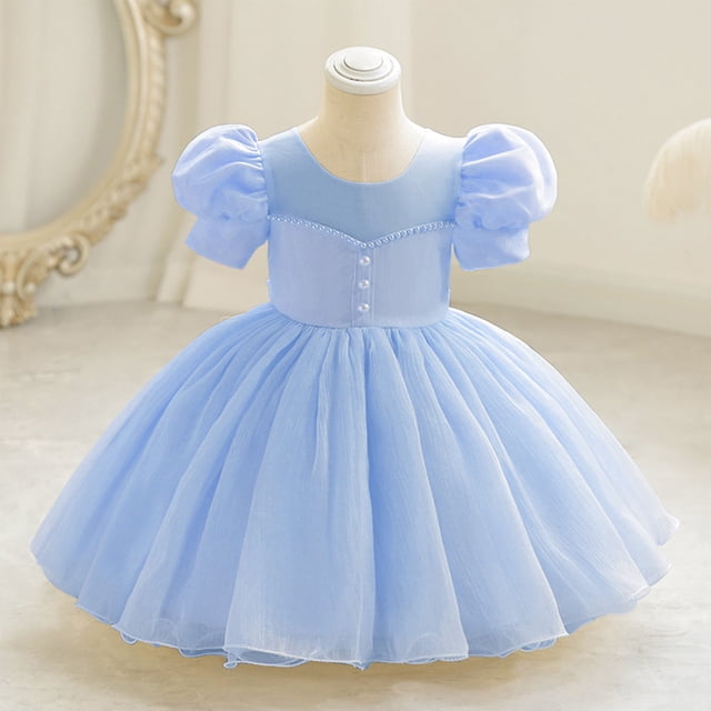 LOVZFMLL Girls' Summer Solid Color Short Sleeve Round-Neck Mesh Princess Dress For Kids
