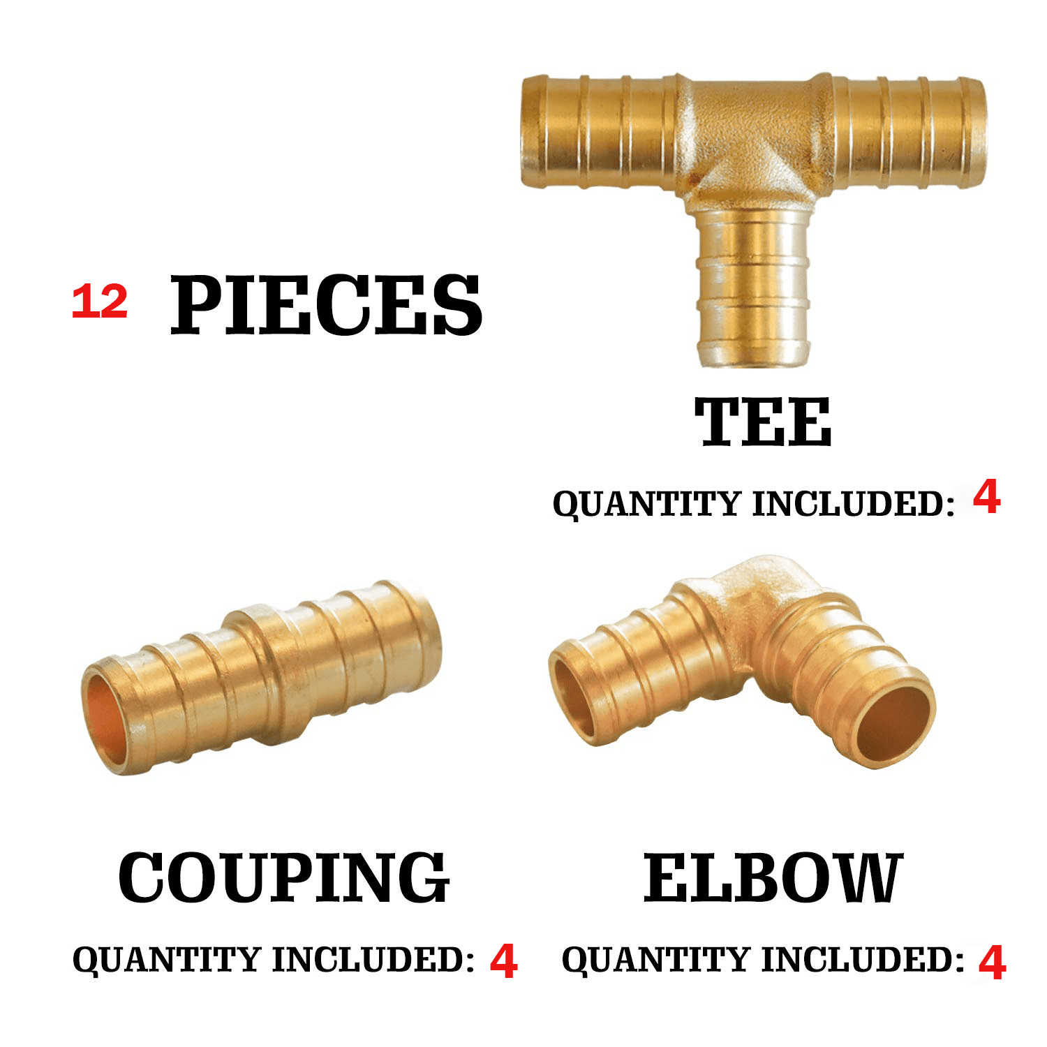 1/2 inch T PEX Tee & 90 Degree Elbow & Straight Coupling 1/2" (pack of 12) Lead Free Brass Barb Crimp Pipe Fitting/Fittings