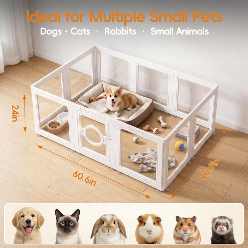 JEKO&JEKO Clear Acrylic Pet Playpen, Indoor Dog Pen for Small Pets, Easy Assembly, 10 Panels, White