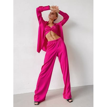 

DanceeMangoo Long Sleeves Trouser Suits Fashion Women Sets With Pants High Waist Set Woman 3 Pieces Camisole Satin Pajamas Summer