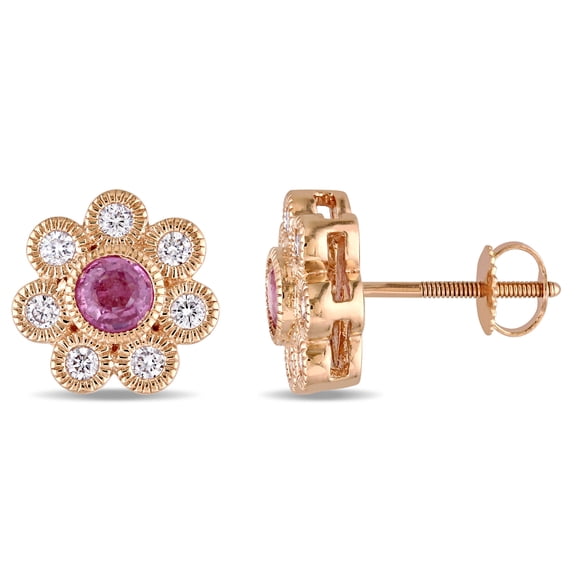Everly Women's 5/8ct TGW Pink Sapphire & 3/8ct TW Diamond 14k Rose Gold Flower Stud Earrings