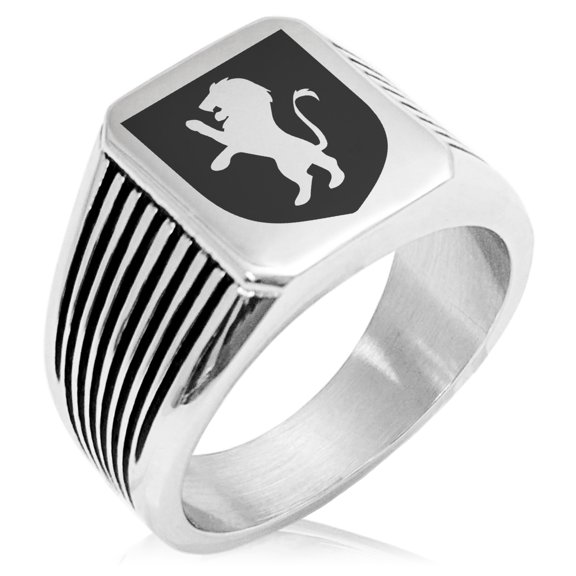 Stainless Steel Lion Courage Coat of Arms Shield Needle Stripe Pattern Biker Style Polished Ring