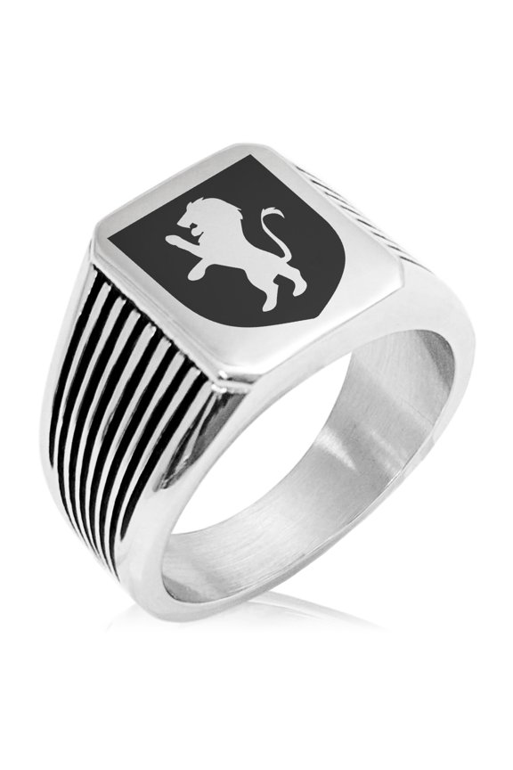 Stainless Steel Lion Courage Coat of Arms Shield Needle Stripe Pattern Biker Style Polished Ring